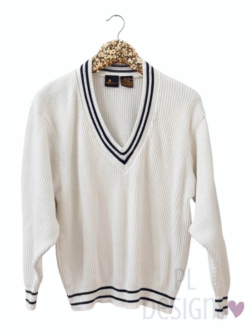 Liz Sport Sweater V-Neck White & Navy Tennis Medium